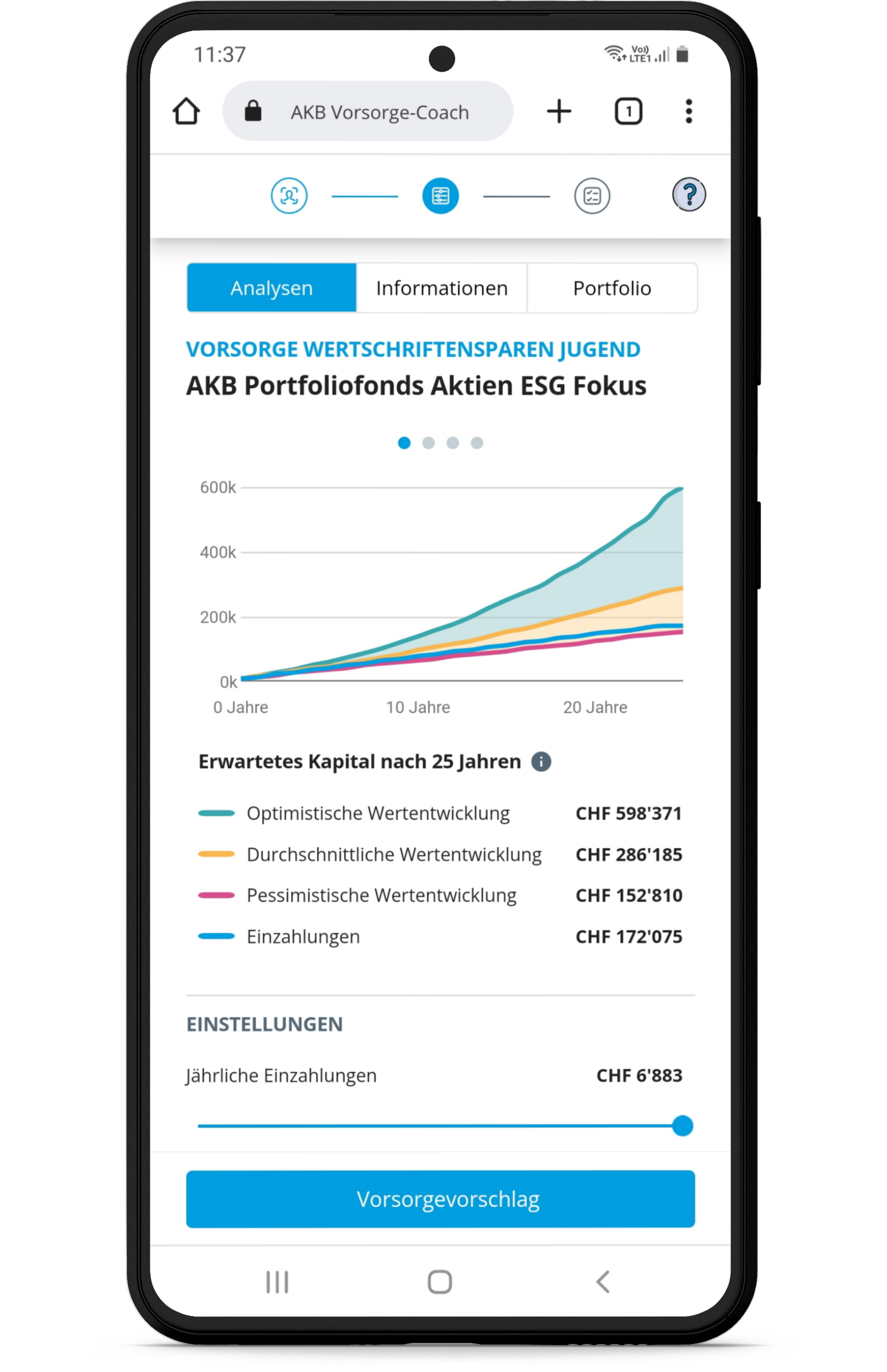 Vorschaubild des AKB-Vorsorgecoach auf einem Handy